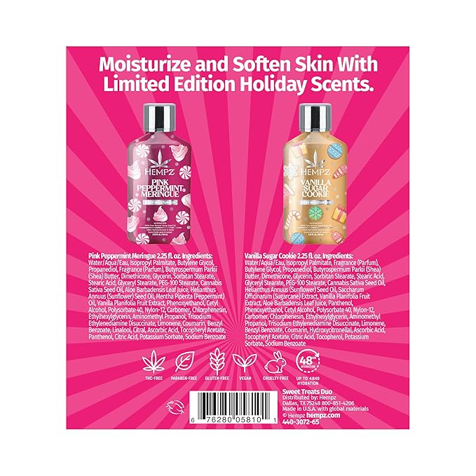 Hempz Holiday Mini Lotion Gift Set, Pink Peppermint & Frosted Vanilla Sugar Cookie Moisturizer, Sweets & Treats Duo, 2.25 oz