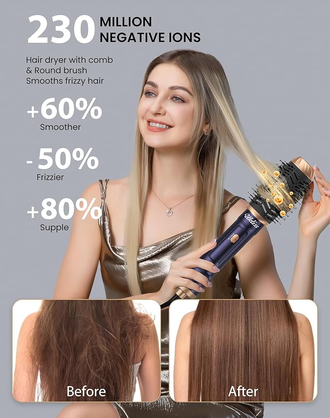Ukliss 6 in 1 Hair Dryer Brush, Hot Air Brush & Styler with ALCI Safety Plug, Ionic Blow Dryer Brush for Frizz Free Salon Blowout, Volumizing & Auto Curls, for All Hair Types