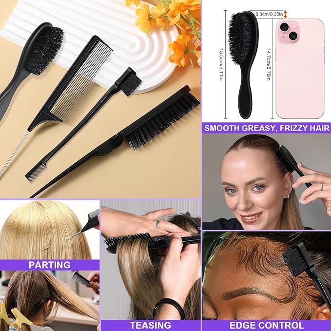 START MAKERS Hair Wax Stick and Slick Back Hair Brush Set for Women Kids Men 5PCS, with Edge Brush, Teasing Brush, Rat Tail Comb & Mini Boar Bristle Brushes for Flyaways, Control, Sleek, Ponytail Buns