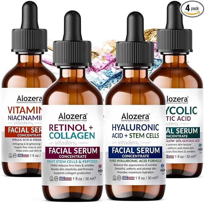 Alozera Face Serum Set of 4 with Retinol, Collagen, Vitamin C, Niacinamide, Hyaluronic Acid & Glycolic Acid, Exfoliating, Hydrating, Brightening, Anti-Aging Skincare, Serum Gift Pack of 4