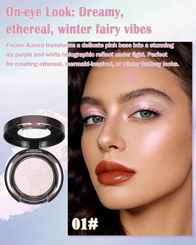 Chameleon Duochrome Glitter Eyeshadow Palette, Holographic Shimmer Single Eye Shadow Palettes, Color Shift Sparkle Iridescent, Multichrome Metallic Eye Brightener Highlighter Makeup-01 Frozen Aurora