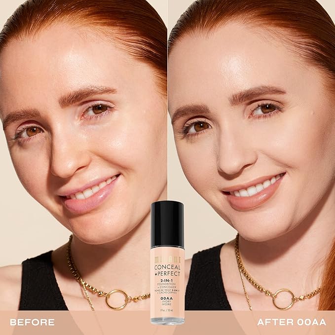 Milani Conceal + Perfect 2-in-1 Foundation + Concealer for a Flawless Complexion, Under Eye Corrector, Cover Redness and Imperfections, Waterproof and Sweatproof - 00AA-Ivory