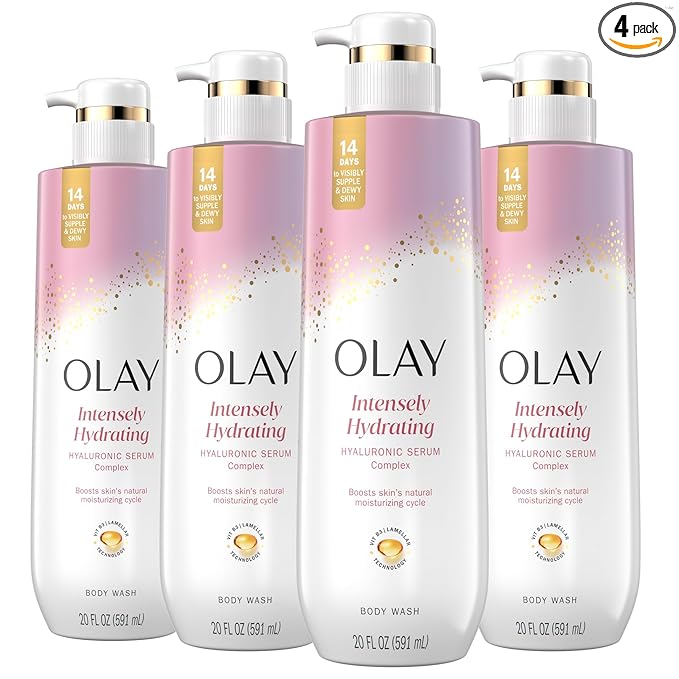 Olay Body Wash for Women, Intensely Hydrating, Hyaluronic Acid Serum Complex, Renews Moisture, Free of Parabens & Phthalates, Vitamin B3 Lameller Technology, For All Skin Types, 20 fl oz (Pack of 4)