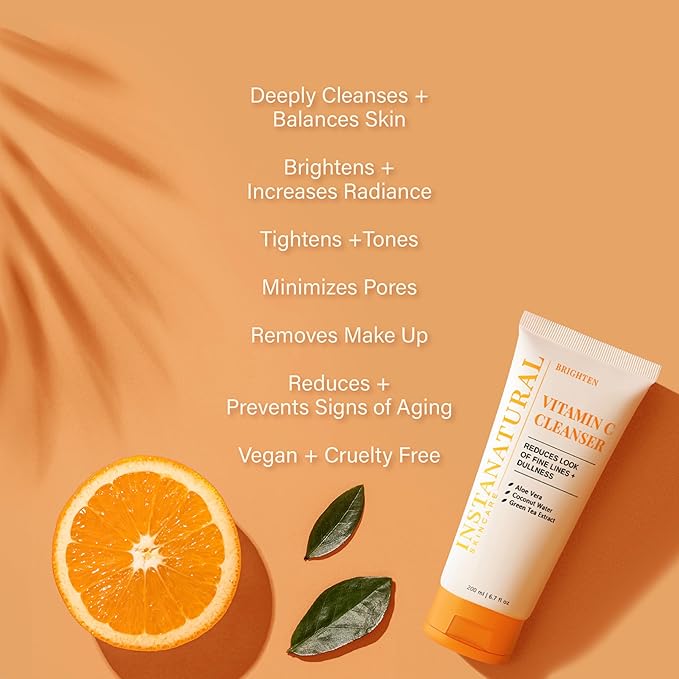 InstaNatural Vitamin C Cleanser | All Natural Face Wash, Brightens Skin, Good for Uneven Texture, USA Made with Coconut Water and Aloe Vera, 6.7 FL Oz