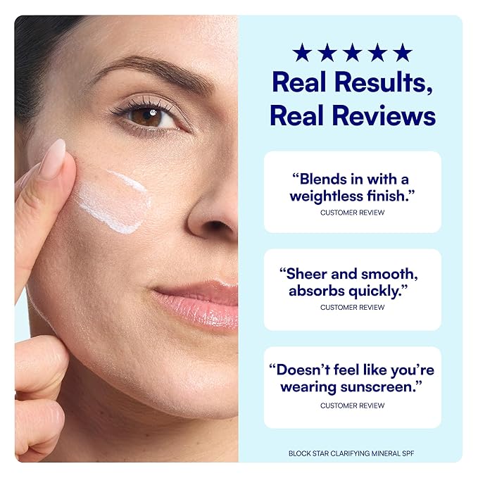 Bliss Block Star Clarifying Daily Mineral Sunscreen Broad Spectrum SPF 30, Blendable Pore Safe Formula for Blemish Prone Skin with Salicylic Acid and Witch Hazel, 1.4 Fl Oz