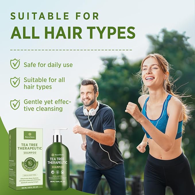 Roycederm Tea Tree Shampoo with Scalp Massager Brush - Clarifying Scalp Care Set for Dry, Itchy & Flaky Scalp, Dandruff Support, Deep Cleanse & Refreshing Scalp Routine