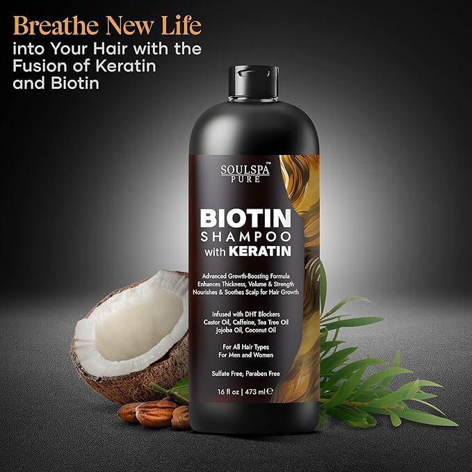SOULSPA PURE Biotin Shampoo with Keratin - Advanced Anti-Thinning, Hair Growth & Repair Formula - Soothes Scalp, with Tea Tree Oil & DHT Blockers - Strong, Healthy Hair for Men & Women - 16 fl oz