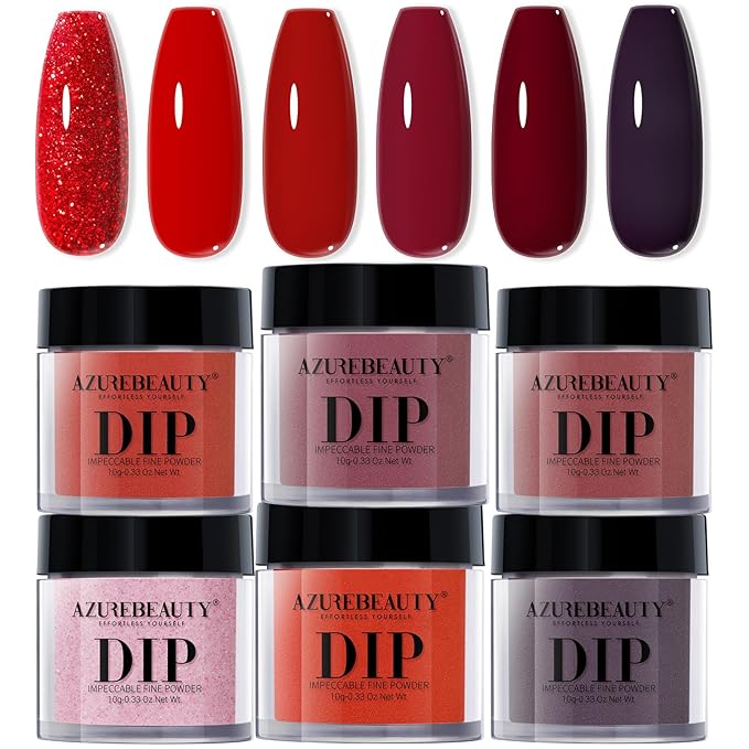 AZUREBEAUTY Dip Powder, Red Glitter 6 Colors Dipping Powder Starter Kit with Heart-Shaped Sequins French Nail Art Manicure DIY Salon Valentine's Day Gift for Women, No Need Nail Lamp Cured