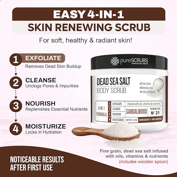 pureSCRUBS Premium Sandalwood Body Scrub Set - Large 16oz Dead Sea Salt Body Scrub With Infused Essential Oils & Nutrients, Includes Wooden Spoon, Loofah & Oatmeal Exfoliating Bar Soap