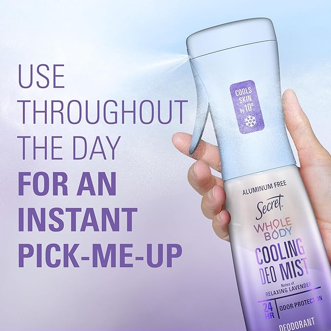 Secret Cooling Aluminum Free Whole Body Deodorant Mist for Women, 24hr Odor Protection, Instant Cooling Relief, Soothes & Revitalizes Skin, PH Balanced Formula, Relaxing Lavender Scent, 5.2 fl oz