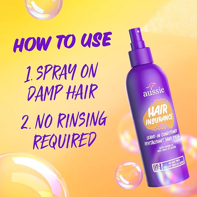 Aussie Hair Insurance Leave-In Conditioner Spray: Moisturizing Frizz Control & Detangler with Jojoba Oil (8 Fl Oz Each) (Pack of 6)