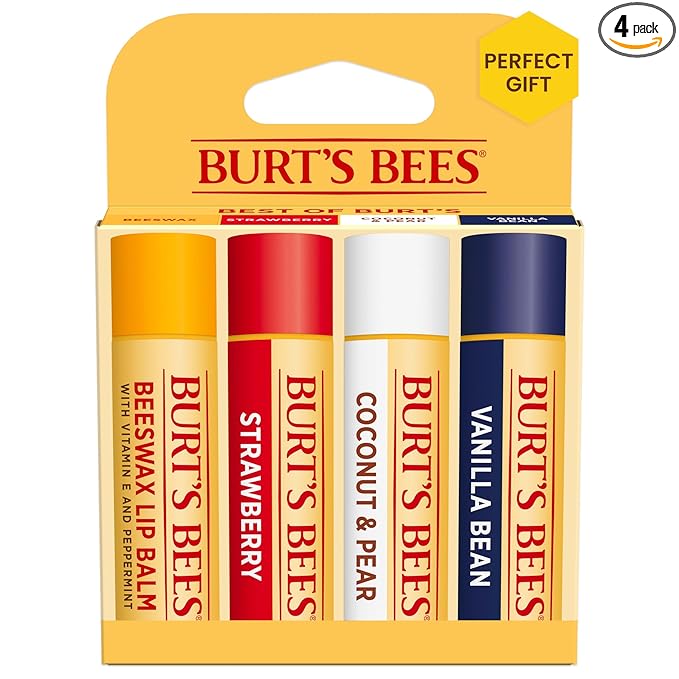 Burt's Bees Lip Balm, Beeswax, Strawberry, Coconut and Pear, and Vanilla Bean Pack, With Responsibly Sourced Beeswax, Tint-Free, Natural Lip Treatment, 4 Tubes, 0.15 oz.