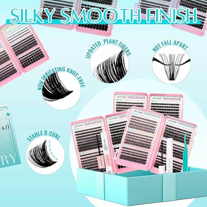 GEMERRY Lash Clusters Kit 1733Pcs Fluffy Lash Clusters Thick Eyelash Clusters Eyelash Extension Kit with Waterproof Bond and Seal Tweezers for Beginners(30D-200D+Spike+Bottom)