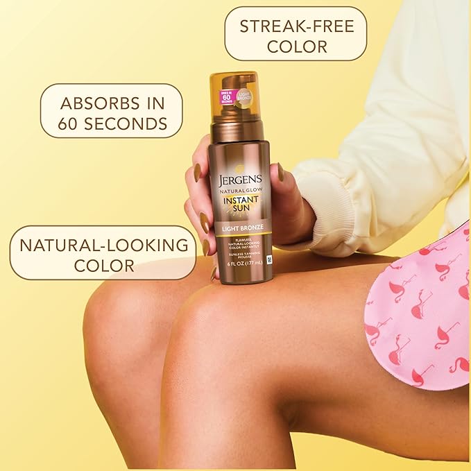 Jergens Natural Glow Instant Sun Body Mousse, Self Tanner for Light Bronze Tan, Sunless Tanning Body Bronzer for Natural Looking Color Instantly, 6 Oz