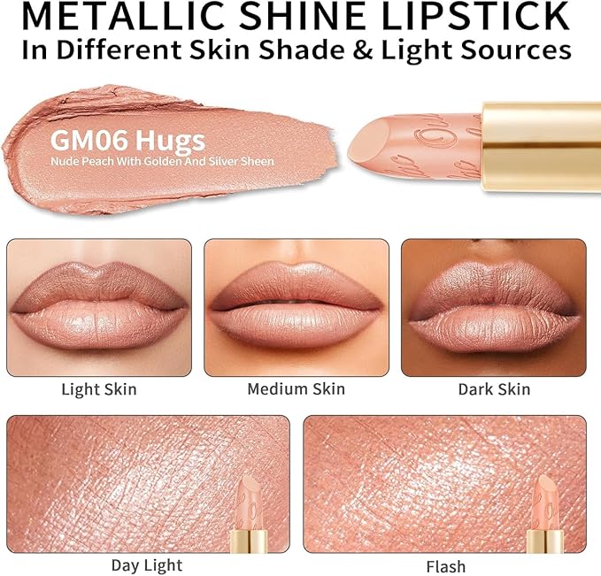 Oulac Matte Nude Peach Lipstick with Glow Metallic Finish - Vegan Lipstick for Women, Creamy Texture, Hydrating Clean Beauty Formula, High-End Magnetic Hook Design, GM06 Hugs