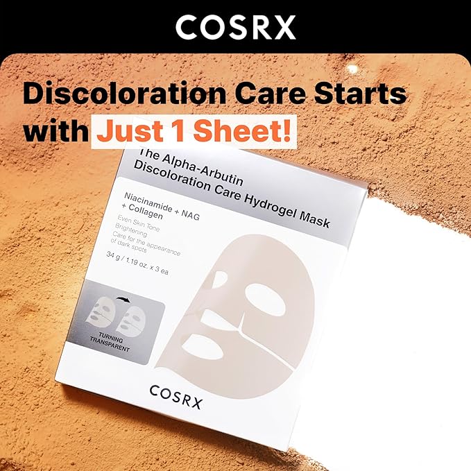 COSRX The Alpha-Arbutin Discoloration Care Hydrogel Face Masks 3EA with Niacinamide, Glutathione & Tranexamic Acid, Collagen Face Mask, Travel Essentials, Overnight Face Mask, Korean Skin Care