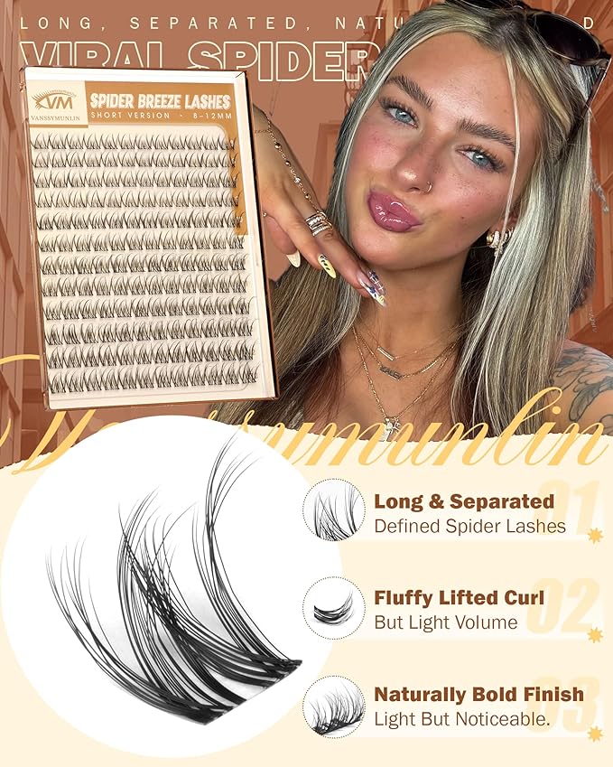 Short Spider Breeze Lash Clusters, Natural Wispy 8-12mm Eyelash Clusters D Curly Lashes Cluster Short & Invisible Band Cluster Eyelash Extensions Reusable Individual Lashes for DIY by Vanssymunlin