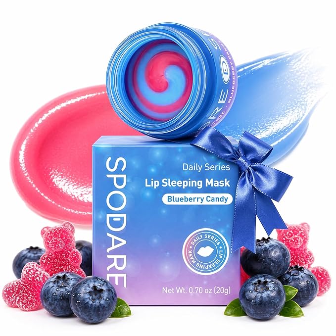 SPODARE 20g Blueberry Lip Mask Overnight, Lip Moisturizer for Dry Cracked Lips Care, Dual-Color Lips Balm for Nourishing and Softening Lips, Birthday Gifts for Women & Teens