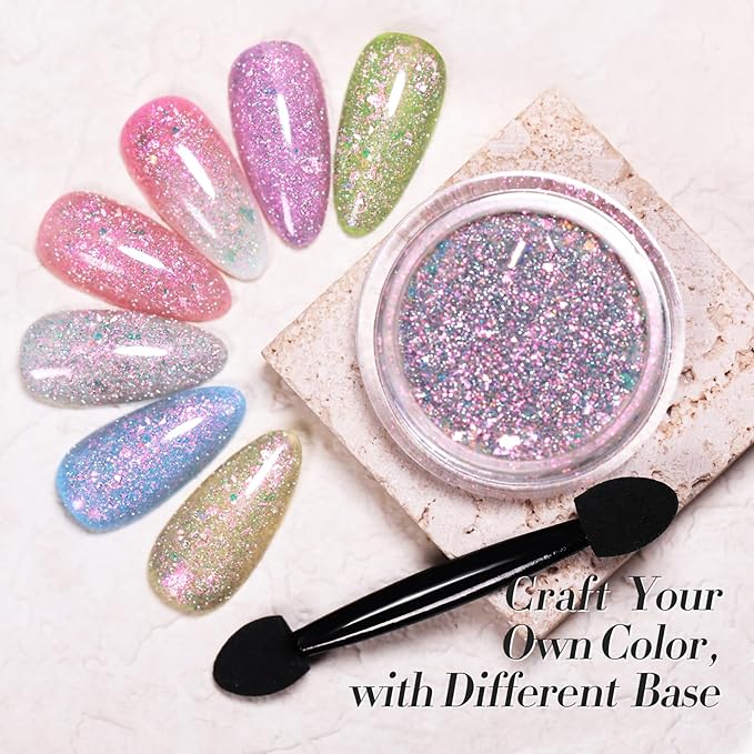 Born Pretty Auroras Reflective Glitter Nail Powder Chameleon Polarized Sparkling Shiny Nail Glitter Holographic Flakes Dust Shiny Powder Pigment Nail Supplies for Nail Art Manicure DIY Design