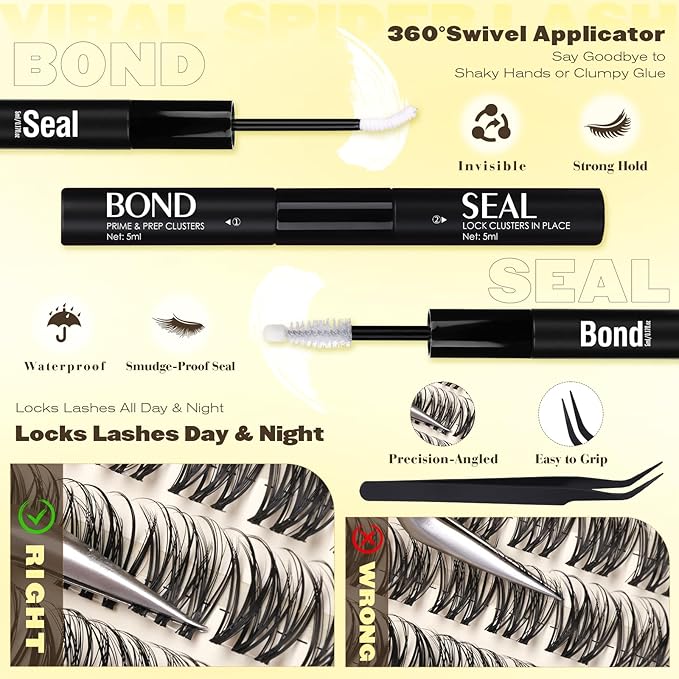 Natural Lash Clusters Kit Wispy Eyelash Clusters Kit with Invisible Band 10-16mm C Curly Natural Cluster Eyelash Extensions DIY Wispy Eye Lash Clusters with Bond & Seal and Tweezers
