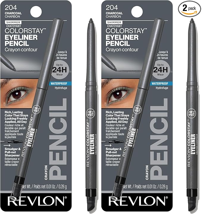 REVLON ColorStay Pencil Waterproof Eyeliner, Smudge-Proof, Eye Makeup with Built-In Sharpener, 204 Charcoal, 0.01 oz (Pack of 2)