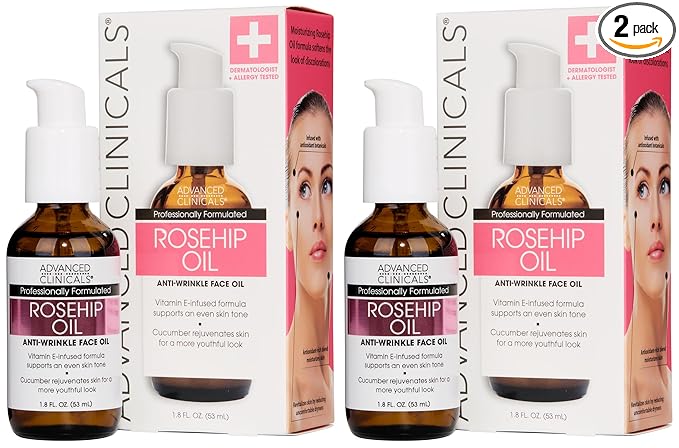 Advanced Clinicals Rosehip Oil For Face With Vitamin E + Botanicals Helps Improve Look Of Dark Spots, Wrinkles, Fine Lines, & Uneven Looking Skin Tone | Moisturizing Skin Care Face Serum, 2-Pack