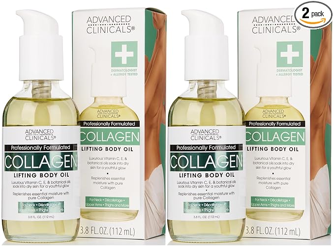 Advanced Clinicals Hydrating Collagen Oil For Body & After Shower | Visible Anti Aging Moisturizing Collagen Body Oil For Women & Men Helps Soften Appearance Of Crepe Skin & Wrinkles, 3.8 Fl Oz, 2pc