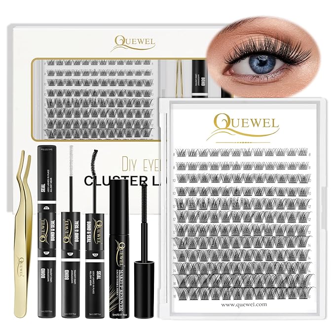 QUEWEL DIY Lash Extensions Kit Lash Clusters 144 Pcs, Cluster Lashes Golden Lashes Tweezers, Eyelash Clusters Bond and Seal Waterproof, Cluster Eyelash Glue Remover(QU-RR-DH-02)