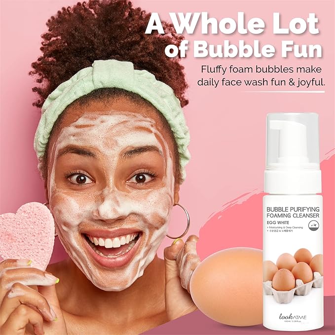 LOOKATME Korean Face Wash for Sensitive Skin - Water Based Bubble Skincare Cleanser - K Beauty Natural Acne Foaming Cleaner - Hydrating Skin Care Cleansing Foam with Low pH - Egg