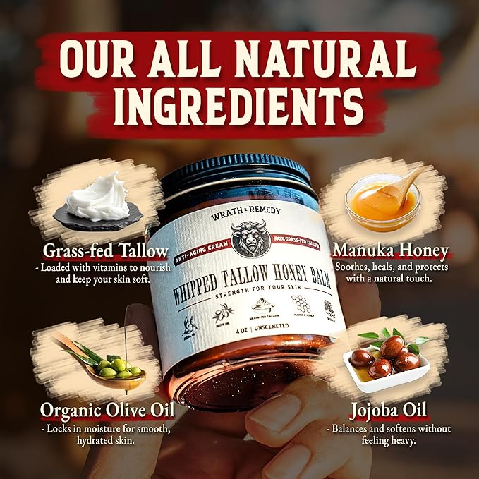 Organic Beef Tallow for Skin - 4 OZ (Vanilla) — US-Made Grass Fed Beef Tallow for Face + Body — Whipped Tallow and Honey Balm Moisturizer for Dry and Sensitive Skin, Eczema, Rosacea (No Additives)