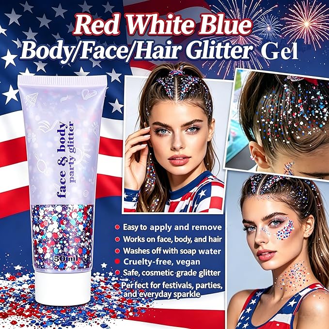 Go Ho Red White and Blue Body Glitter,4th of July Outfits for Women&Kids,Patriotic USA Flag Face Hair Glitter for Memorial Independence Day,Holographic Chunky Glitters Sequins,4th of July Accessories