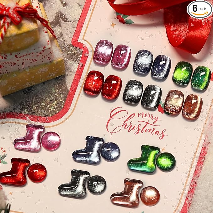 Born Pretty 6 Colors Christmas Cat Magnetic Eye Gel Nail Polish Set,Fall Winter Red Green Brown Black Blue Shimmer Glitter Holographic Magnetic Soak Off U V Nail Gel DIY Art for Girls Women 7ML