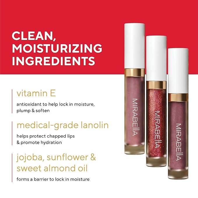Mirabella 3 Pack Lip Gloss Trio - Highly Pigmented Shimmer Lip Gloss Non Sticky with Hydrating Medical Grade Lanolin for Chapped Lips, Lip Gloss for Women Set of 3 Shades