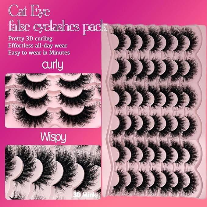 Mink Lashes Cat Eye Fluffy False Lashes Wispy Natural Lash Strips C Curl Faux Mink False Eyelashes Pack Full Strip False Eyelashes Natural Look