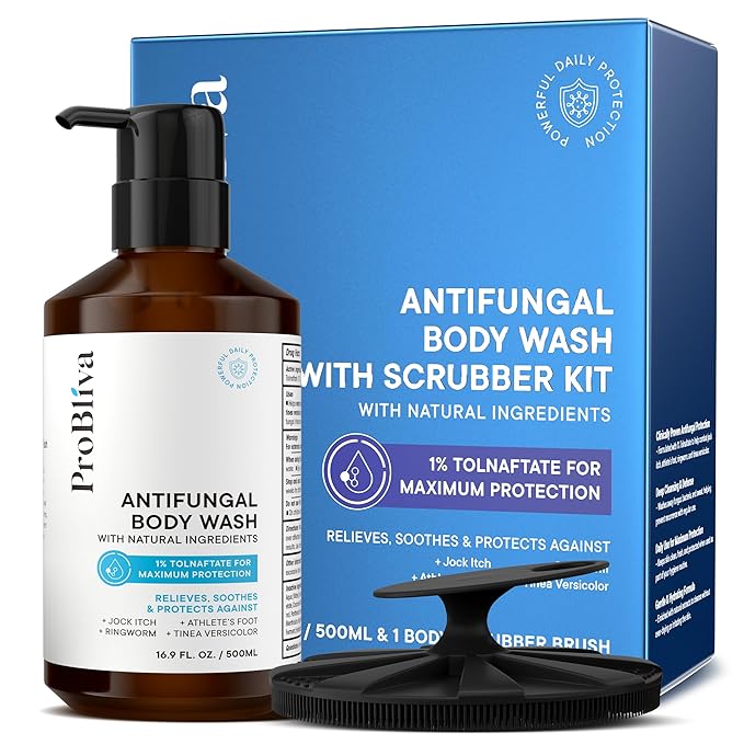 ProBliva Antifungal Body Wash Treatment Soap - Jock Itch, Ringworm, Back Acne, Tinea & Foot Odor – Skin Relief Cleanser Gel with Tea Tree Oil & Tolnaftate for Men and Women (with Brush Kit)