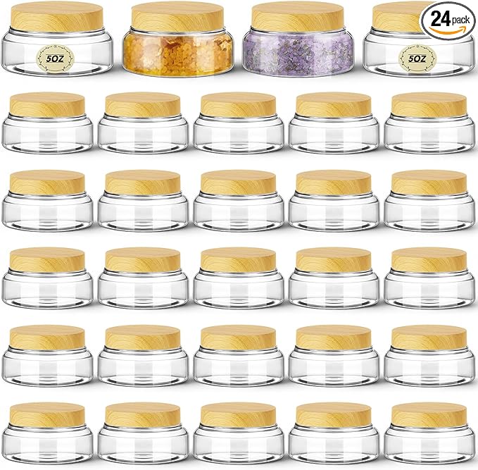 Tessco for you 24 Pack Plastic Jars with Lids Labels Multiuse Slime Containers Empty Body Scrub Jars Round Refillable Cosmetic Body Butter Container for Makeup (5 oz,Clear,Light Beech)