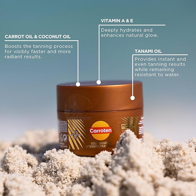 Carroten Mini Shimmer Gold Tanning Gels | Travel Size Tan Accelerator & Body Bronzer | Non-Greasy Water-Resistant with Carrot & Coconut Oil | Vitamin A & E For Moisture & Hydration | 1.7 oz (2 Pack)