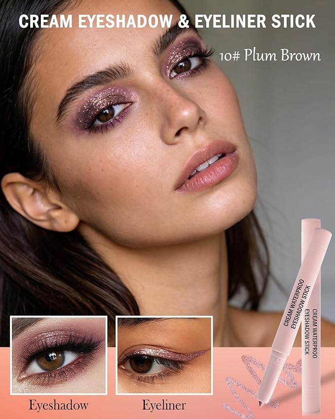 Cream Eyeshadow Stick, Plum Brown Eyeshadow Brightener with Blending Blush & Sharpener, High Pigment Neutral Eye Shadow Stick,Waterproof Smooth Glitter Eyeliner Buildable Eye Makeup for Women-10