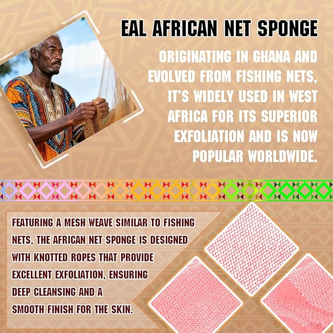 5 Pieces African Net Sponge – Deep Cleansing & Exfoliating Mesh for Glowing Skin – Stretchable, Quick-Dry Material for Daily Shower Use (Pink, Blue, Red, Gray, White)