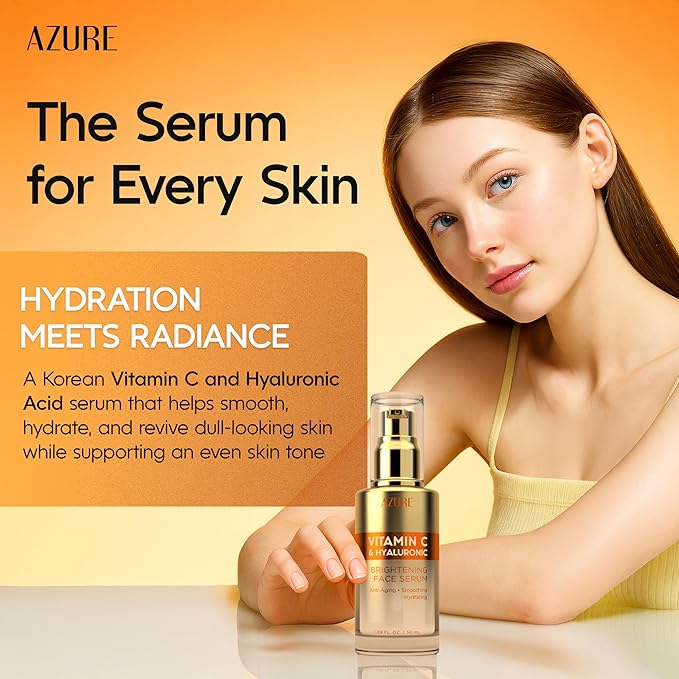Azure Cosmetics Vitamin C Serum For Face - Dermatologist Tested, Anti-Aging with Hyaluronic Acid for Dark Spots, Fine Lines & Wrinkles - Brightning, Clean, Korean Skincare for Glass Skin - 2 Pack