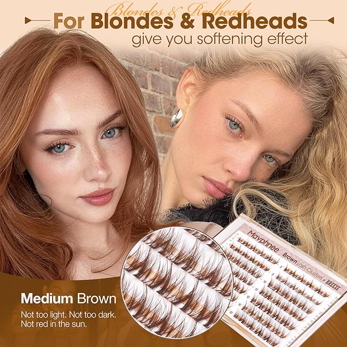 Brown Lash Clusters 8-10MM Short Natural Individual Eyelashes Wispy Fluffy Spider Cluster Eyelash Extensions with C-Curly & Ultra-Fine Clear Band, Featherlight, "Less is More", Glasses-Friendly