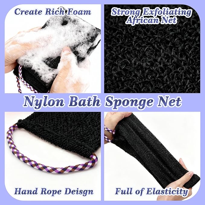 Manmihealth Silicone Back Scrubber for Shower & African Bath Sponge Set, Upgrade 33.8'' Long Silicone Back Brush & Exfoliating Net Sponge Combination, Dual-Sided Use Shower Loofah(Black+Black)