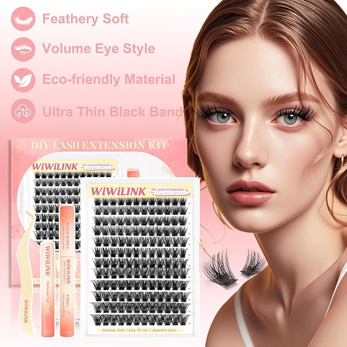 Lash Clusters Kit Magic Lashes Clusters Fluffy 10-18mm Volume Cluster Eyelash Extensions Kit 0.3mm Soft Band Wispy DIY Individual Lashes with Lash Bond and Seal, Remover, Tweezer