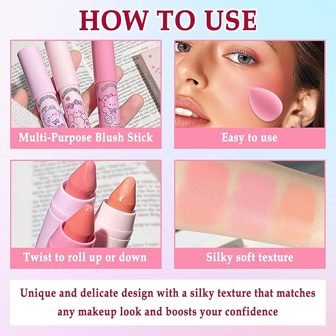 3 Colors Blush Stick,Solid Cream Blush,Multi-Use Blush Stick for Cheeks,Lips and Eye,High Pigmented Blush Makeup Stick Set B