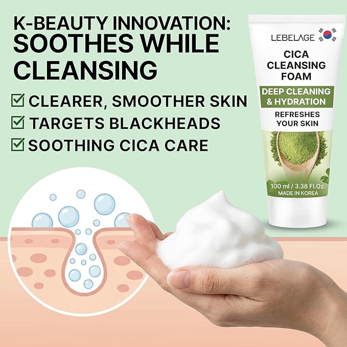 LEBELAGE Korean Cica Facial Cleanser 3.38 oz | Cleansing Foam Face Wash | Low pH Gentle Hydrating Daily Facial Cleanser Sensitive Skin | Deep Cleansing Foaming Cleanser, Pore Care-All Skin Types