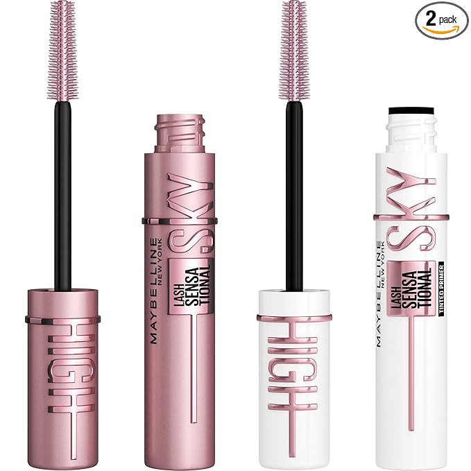 Maybelline Lash Sensational Sky High Washable Mascara + Boosting Lash Primer Makeup Bundle, Includes 1 Mascara in Blackest Black and 1 Eyelash Primer in Soft Black
