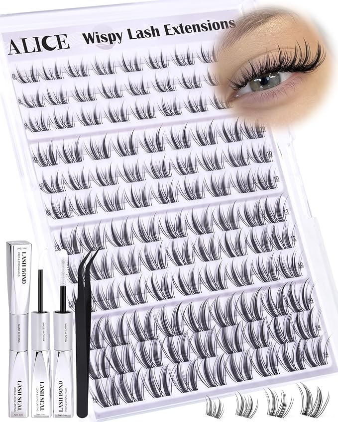 ALICE Anime Lash Clusters Kit Natural Wispy Cluster Eyelash Extension Kit Manga Eyelash Clusters Kit 8mm-14mm Invisible Band Individual Lashes with Bond and Seal DIY at Home