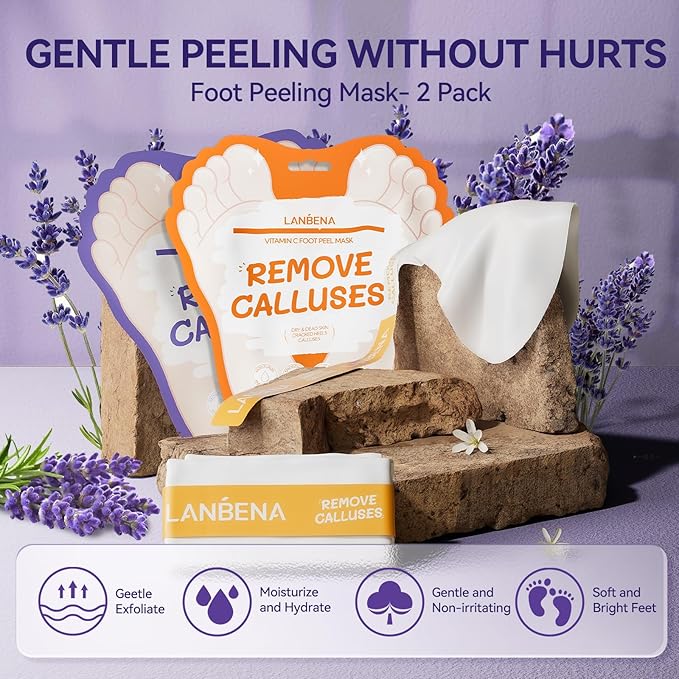 LANBENA Lavender + Vitamin C Foot Peel Mask（2 Pairs, Exfoliator Peel Off Calluses Dead Skin Callus Remover, Repairing Rough Heels for Men and Women, for Baby Soft & Smooth Feet