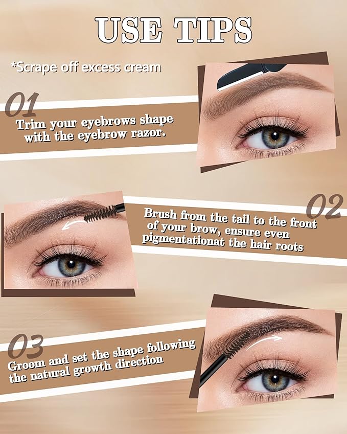 Tinted Eyebrow Gel, Light Brown Waterproof Eye Brow Glue Tinting Kit, Long-Lasting Smudge-proof Transfer-proof, Natural Eyebrow Gel with Brow Razor, gel para cejas Women's Day Makeup for Women-01