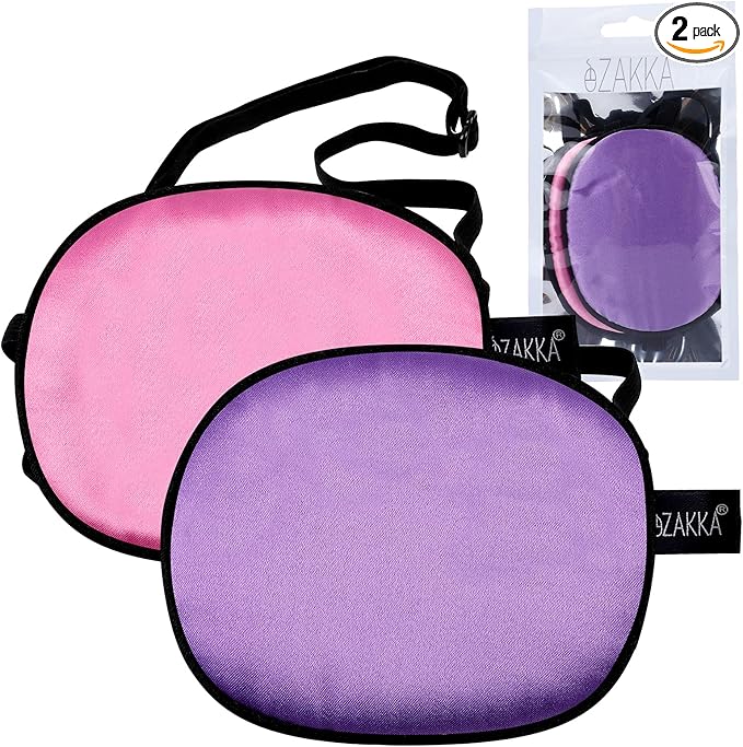 eZAKKA 2 Pieces Silk Eye Patch Medical Eye Patch for Adult Women Elastic Lazy Adjustable Single Eyepatch with Elastic Strap(Purple + Pink)